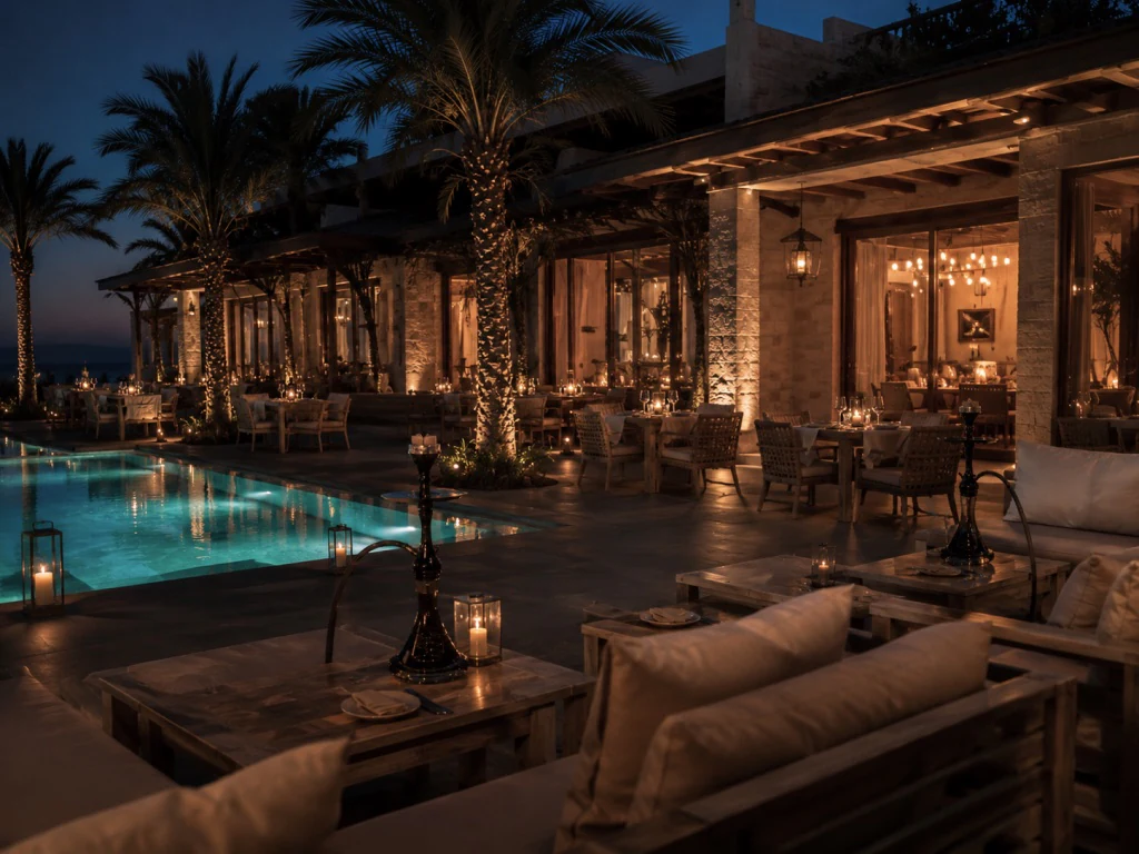 Prepared villa and pool in the evening